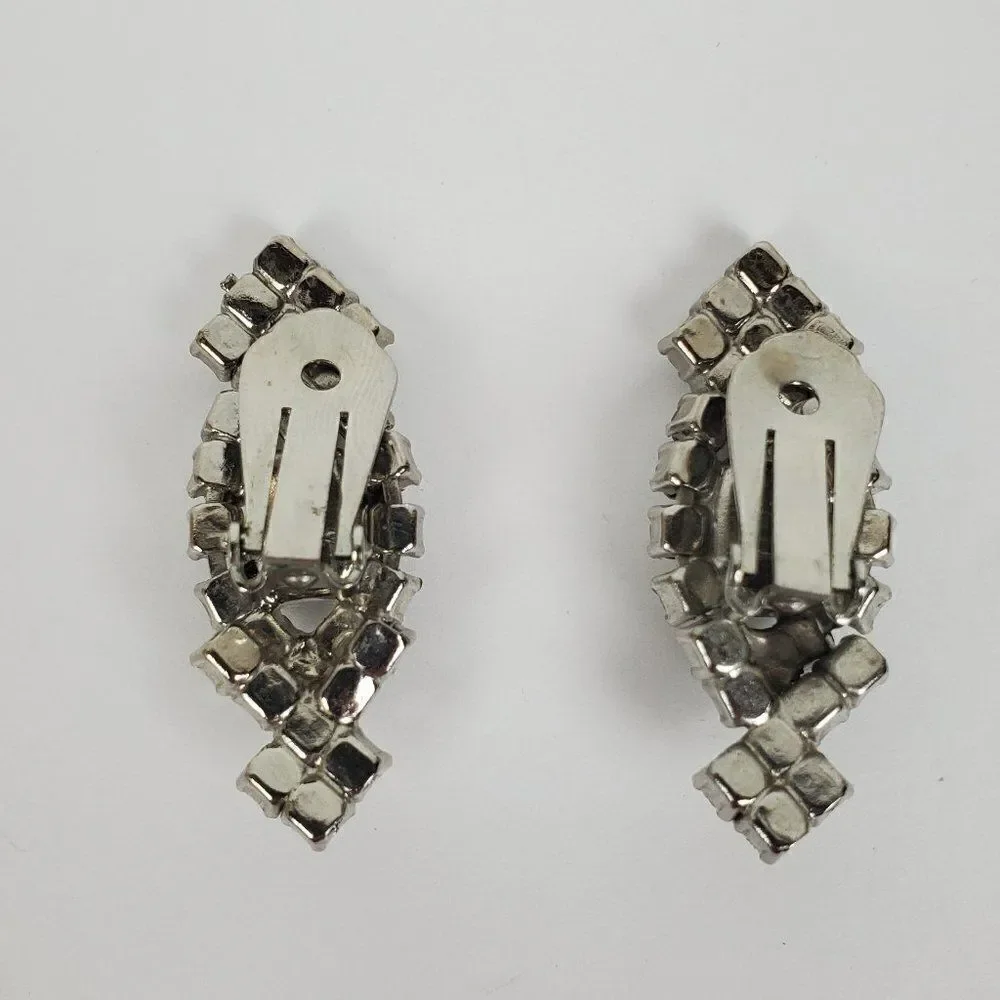 Vintage Clear Crystal Rhinestone Glass Statement Silver Tone Clip‎ On Earrings - Picture 6 of 10